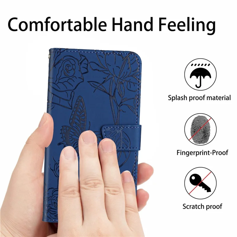 HT03 voor Xiaomi Redmi Note 12 4G Skin-touch Butterfly Flowers Ingedrukt Wallet Stand Case Leren Cover met Schouderriem - Blauw