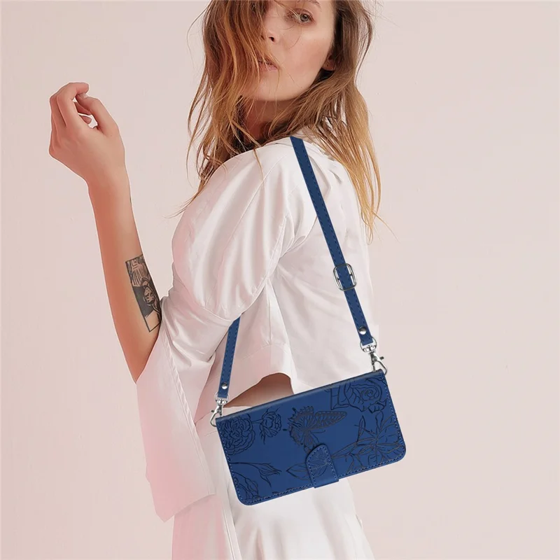 HT03 voor Xiaomi Redmi Note 12 4G Skin-touch Butterfly Flowers Ingedrukt Wallet Stand Case Leren Cover met Schouderriem - Blauw