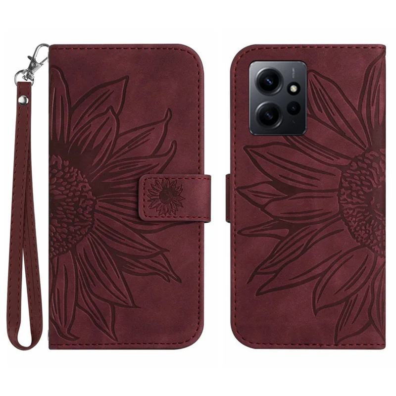 Pour Xiaomi Redmi Note 12 4G HT04 Étui portefeuille en cuir PU avec motif tournesol - Rouge vin