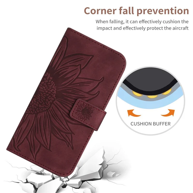 Pour Xiaomi Redmi Note 12 4G HT04 Étui portefeuille en cuir PU avec motif tournesol - Rouge vin