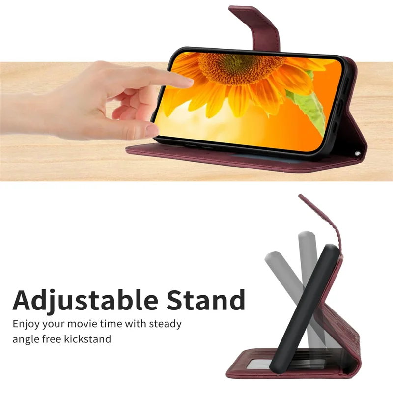 Pour Xiaomi Redmi Note 12 4G HT04 Étui portefeuille en cuir PU avec motif tournesol - Rouge vin