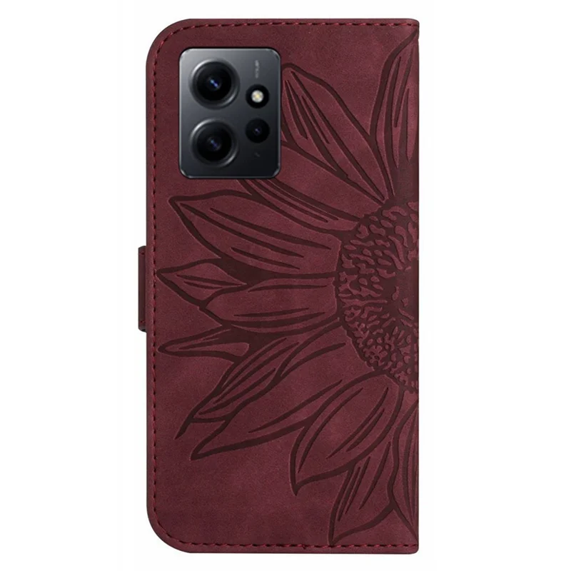 Pour Xiaomi Redmi Note 12 4G HT04 Étui portefeuille en cuir PU avec motif tournesol - Rouge vin