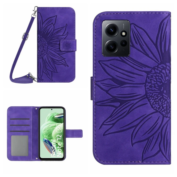 Pour Xiaomi Redmi Note 12 4G HT04 Sunflower Pattern Stand Cover Leather Wallet Phone Case with Shoulder Strap - Dark Purple