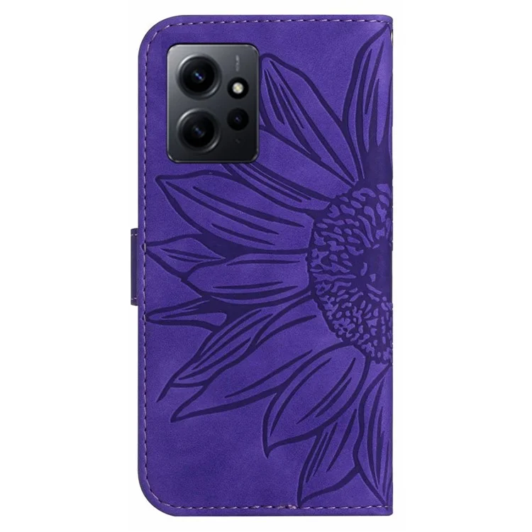 Pour Xiaomi Redmi Note 12 4G HT04 Sunflower Pattern Stand Cover Leather Wallet Phone Case with Shoulder Strap - Dark Purple