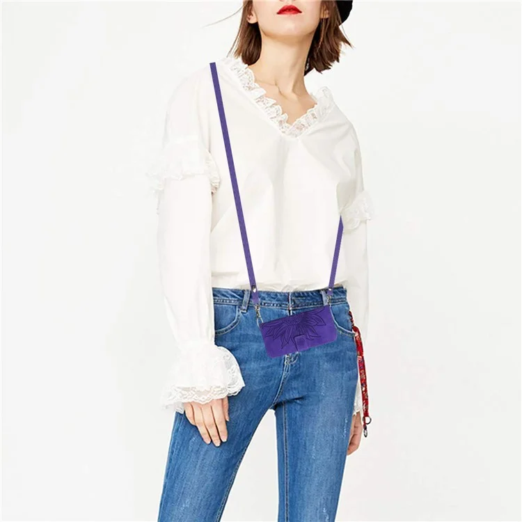 Pour Xiaomi Redmi Note 12 4G HT04 Sunflower Pattern Stand Cover Leather Wallet Phone Case with Shoulder Strap - Dark Purple
