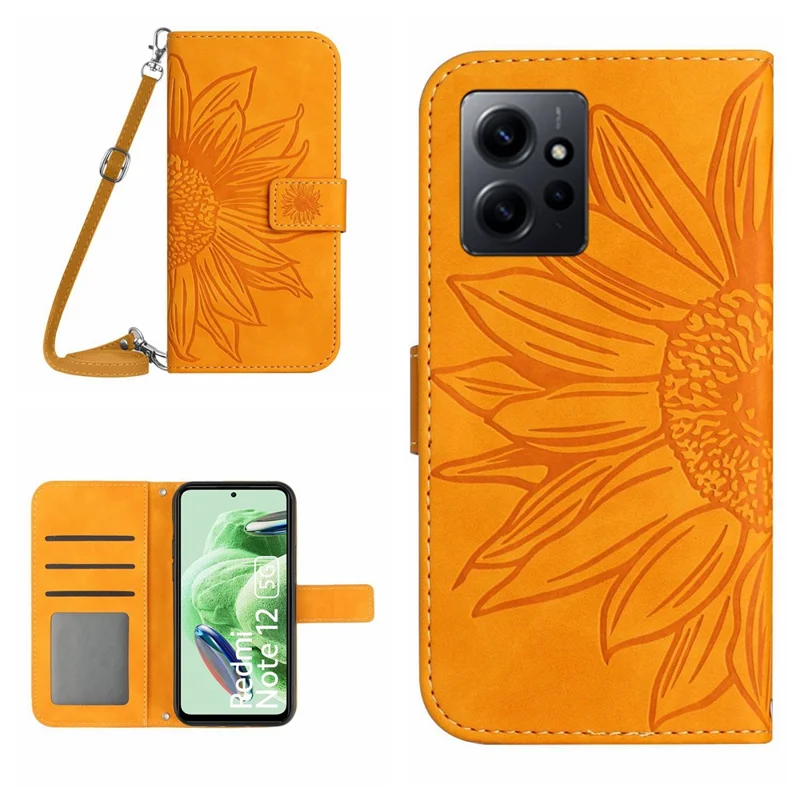 Для Xiaomi Redmi Note 12 4G HT04 Кожаный чехол-кошелек с узором подсолнуха и плечевым ремнем - желтый