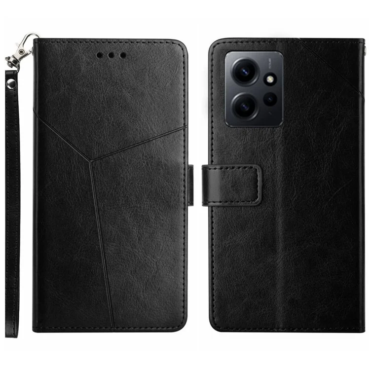 HT01 per Xiaomi Redmi Note 12 4G Imprinted Y-shaped Line Phone Cover Stand Wallet Leather Cell Phone Case - Nero