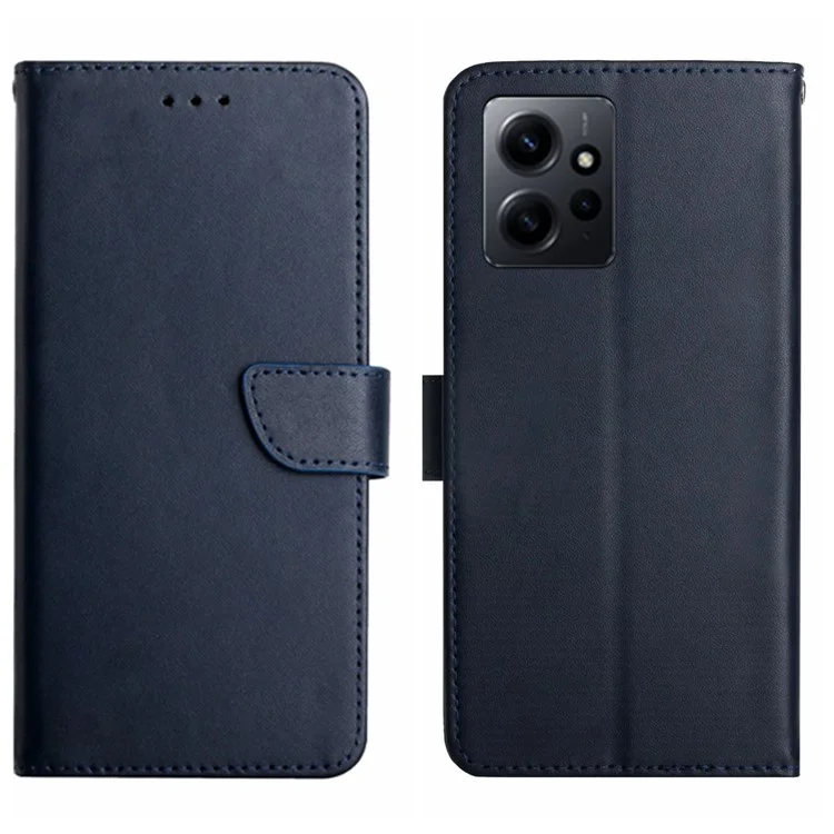 HT02 Cell Phone Cover for Xiaomi Redmi Note 12 4G , Genuine Leather Nappa Texture Wallet Stand Case - Blue