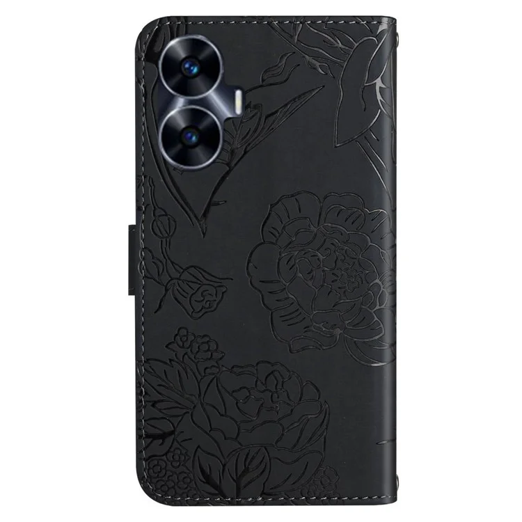 HT03 для Realme C55 Anti-Scatch Skin-touch Leather Phone Cover Imprinted Pattern Wallet Stand Case with Shoulder Strap - Черный