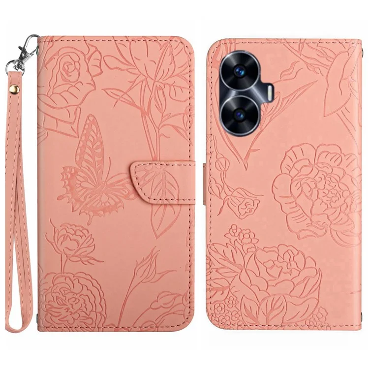 HT03 Skin-touch Imprinted Pattern Leather Phone Case For Realme C55 Stand Cover with Handy Strap - Pink