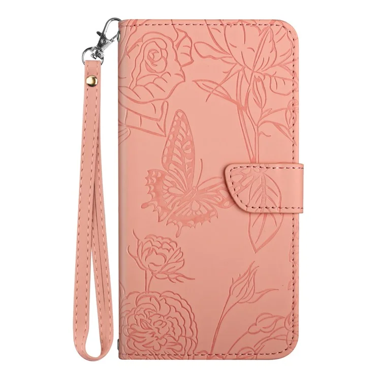 HT03 Skin-touch Imprinted Pattern Leather Phone Case For Realme C55 Stand Cover with Handy Strap - Pink