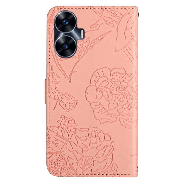 HT03 Skin-touch Imprinted Pattern Leather Phone Case For Realme C55 Stand Cover with Handy Strap - Pink