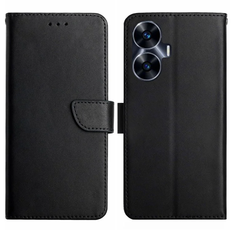 HT02 Para Realme C55 Nappa Texture Phone Cover Genuine Leather Wallet Stand Phone Case - Preto