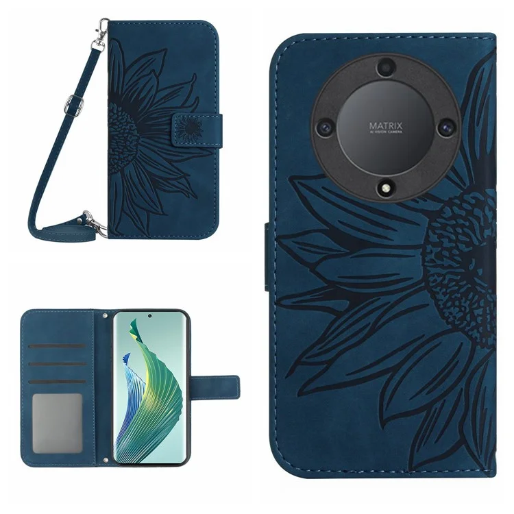 For Honor Magic5 Lite 5G / X9a 5G HT04 Custodia in Pelle per Telefono con Motivo a Girasole, Supporto e Tracolla - Blu Scuro