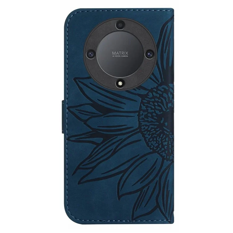 For Honor Magic5 Lite 5G / X9a 5G HT04 Custodia in Pelle per Telefono con Motivo a Girasole, Supporto e Tracolla - Blu Scuro