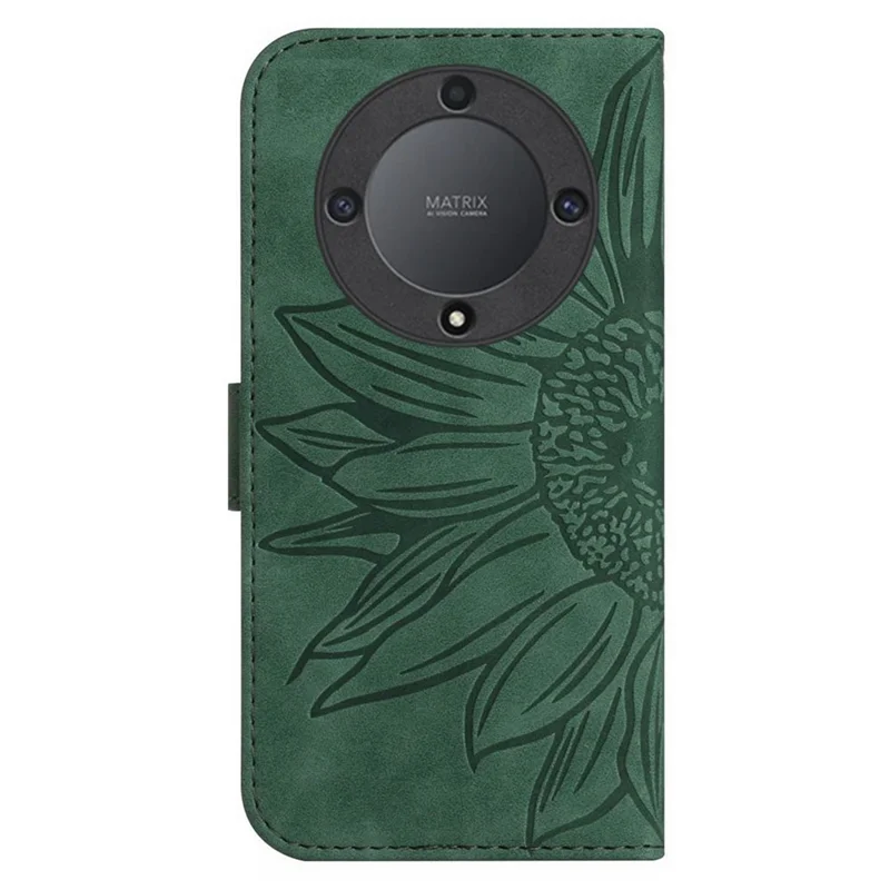 For Honor Magic5 Lite 5G / X9a 5G HT04 Leather Phone Case Sunflower Pattern Stand Wallet Cover with Shoulder Strap - Dark Green