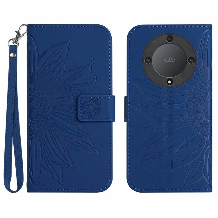 For Honor Magic5 Lite 5G / X9a 5G HT04 Leather Phone Case Sunflower Imprinted Stand Wallet Cell Phone Cover - Sapphire