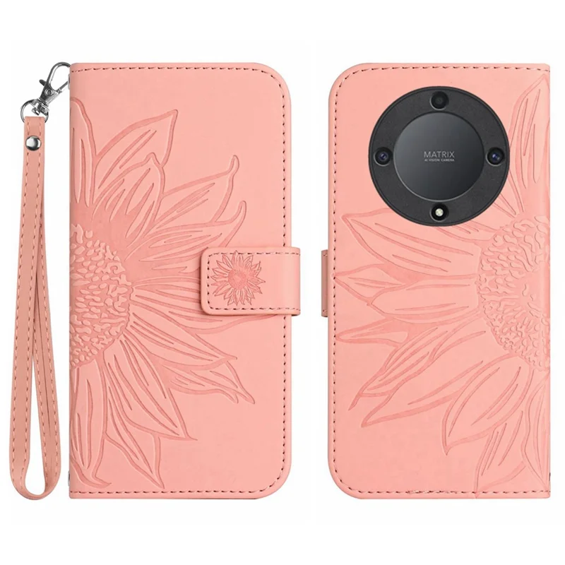 For Honor Magic5 Lite 5G / X9a 5G HT04 Leather Phone Case Sunflower Imprinted Stand Wallet Cell Phone Cover - Light Pink