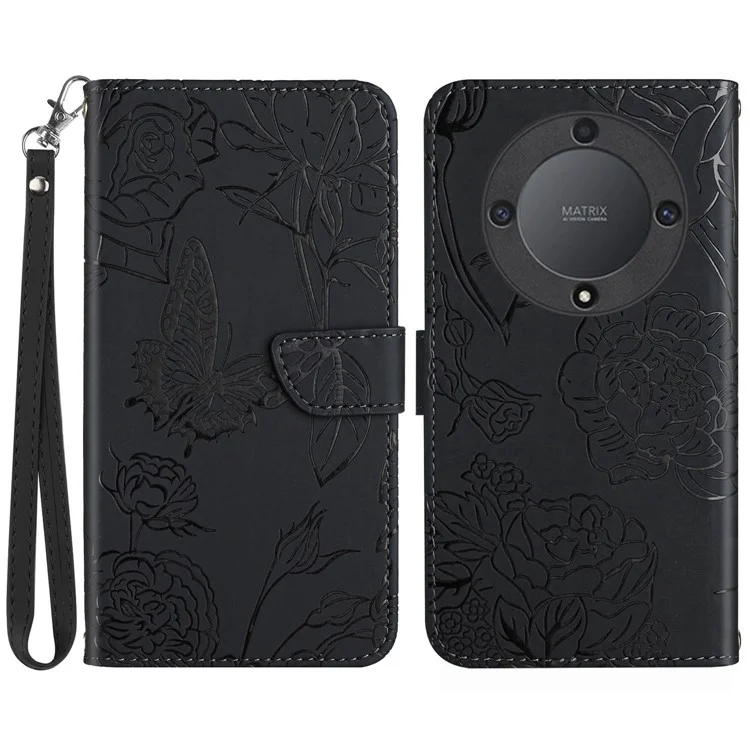 HT03 For Honor Magic5 Lite 5G / X9a 5G Wallet Phone Case Imprinted Leather Phone Stand Cover with Handy Strap - Black