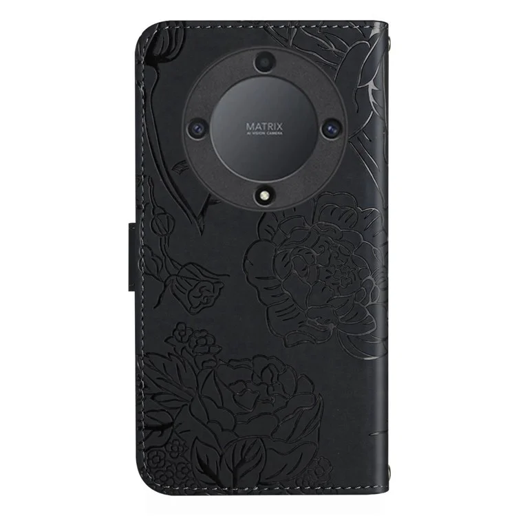 HT03 For Honor Magic5 Lite 5G / X9a 5G Wallet Phone Case Imprinted Leather Phone Stand Cover with Handy Strap - Black