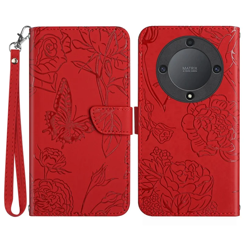 HT03 For Honor Magic5 Lite 5G / X9a 5G Wallet Phone Case Imprinted Leather Phone Stand Cover with Handy Strap - Red