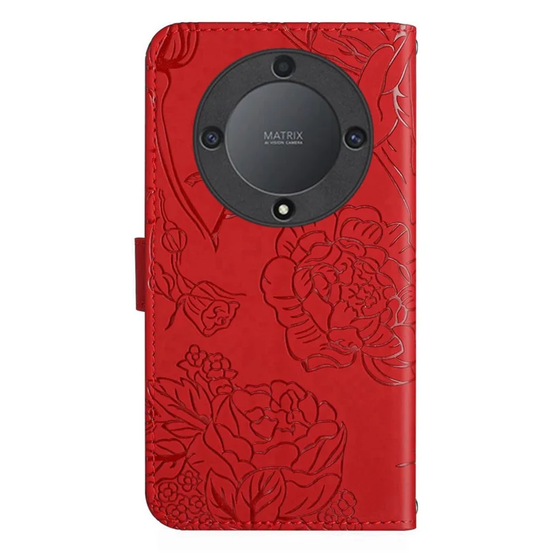 HT03 For Honor Magic5 Lite 5G / X9a 5G Wallet Phone Case Imprinted Leather Phone Stand Cover with Handy Strap - Red