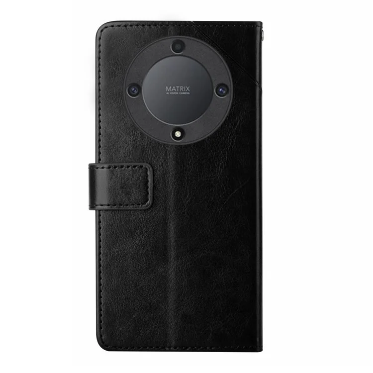 HT01 Capa de telefone em couro com suporte e carteira, com linha em forma de Y impressa, para Honor Magic5 Lite 5G / X9a 5G - Preto 