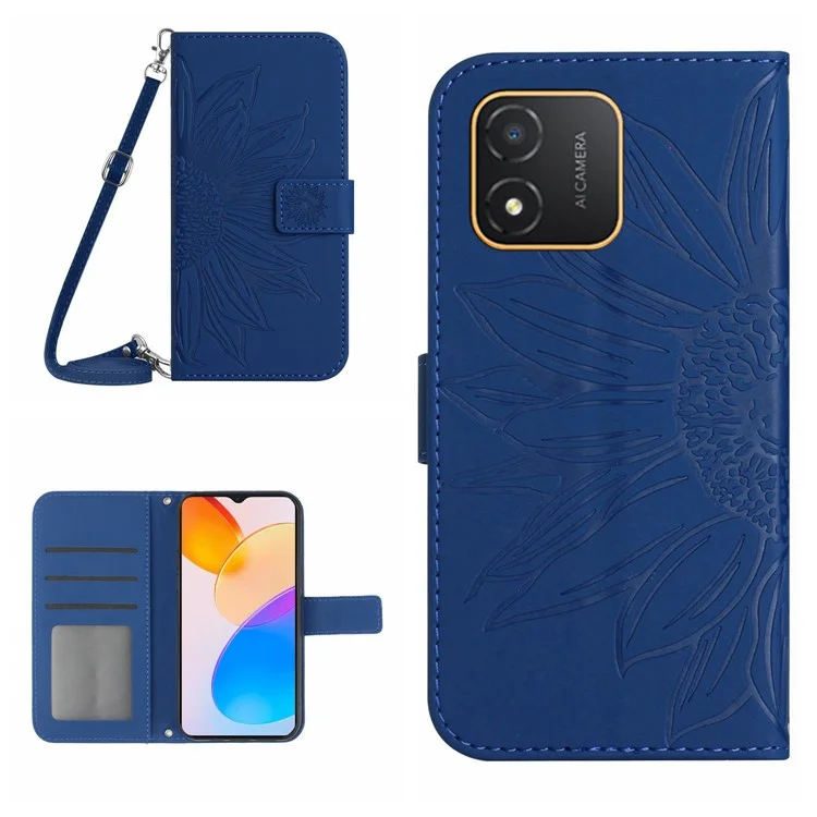 For Honor X5 4G HT04 Girassol Padrão PU Leather Cover Stand Wallet Phone Case com Alça de Ombro - Safira