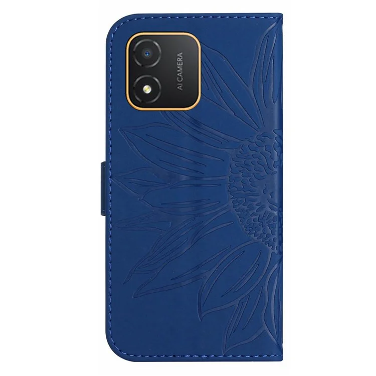For Honor X5 4G HT04 Girassol Padrão PU Leather Cover Stand Wallet Phone Case com Alça de Ombro - Safira