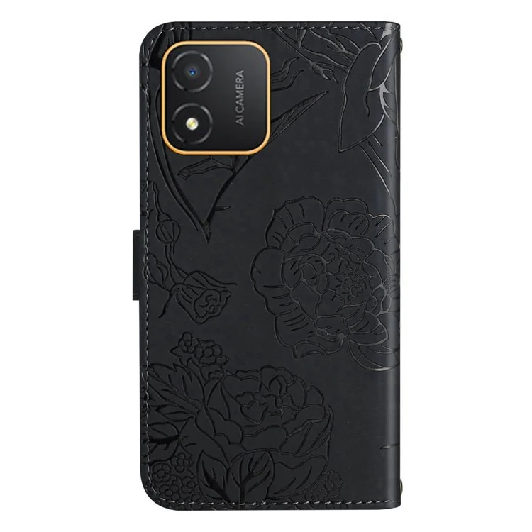 Чехол для телефона Honor X5 4G с цветами бабочки HT03, кожаный кошелек с подставкой и удобным ремешком - черный