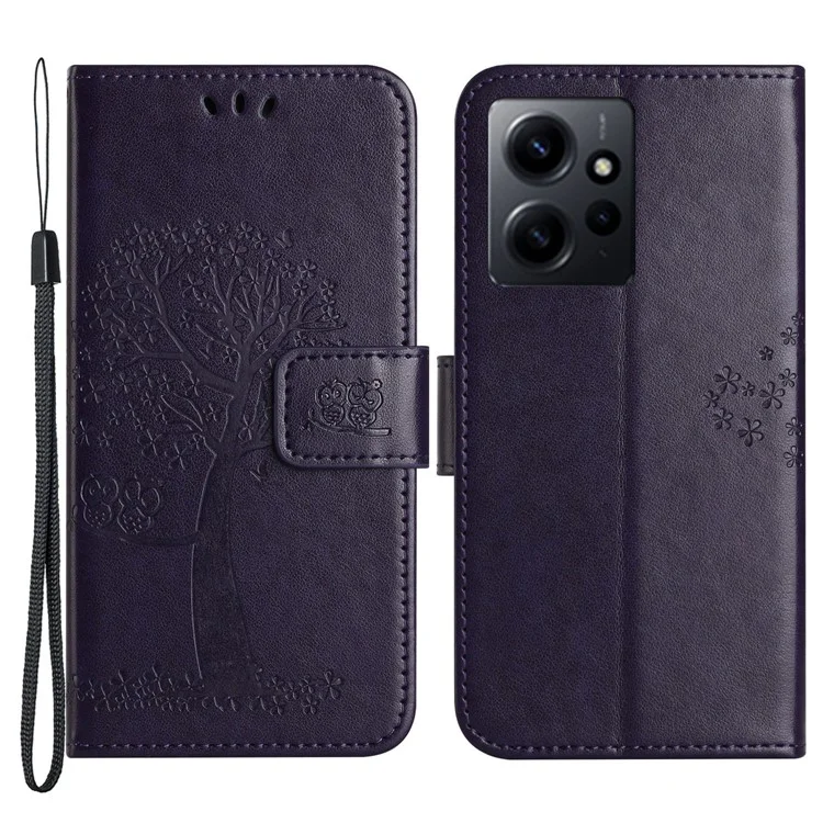 Para Xiaomi Redmi Note 12 4G Owl Tree Imprinted Pattern Phone Wallet Case PU Leather Stand Phone Cover - Dark Purple