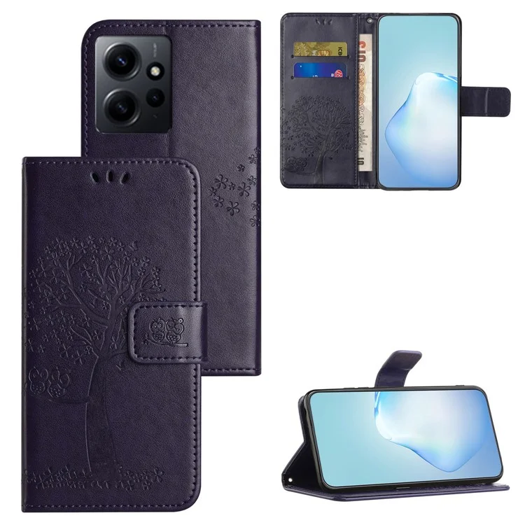Para Xiaomi Redmi Note 12 4G Owl Tree Imprinted Pattern Phone Wallet Case PU Leather Stand Phone Cover - Dark Purple
