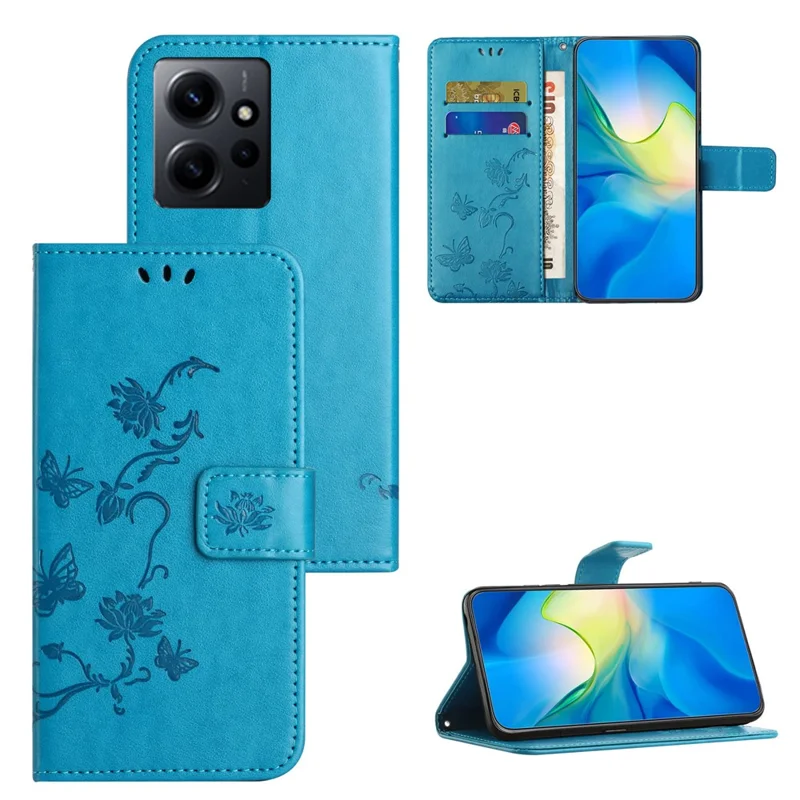 Para Xiaomi Redmi Note 12 4G Leather Phone Case Imprinted Butterfly Flower Magnetic Holder Flip Stand Wallet Cover - Azul