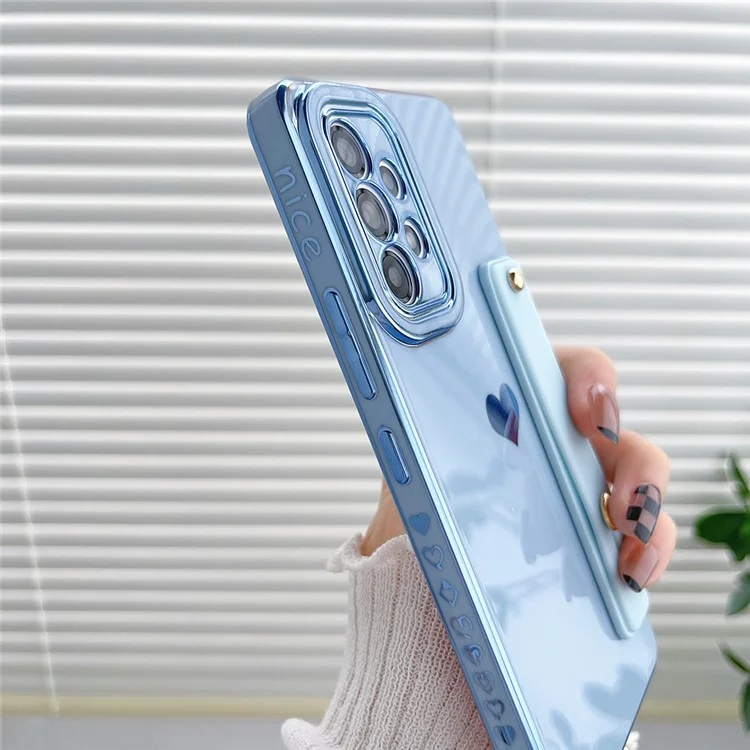 Para Samsung Galaxy A53 5G Kickstand Strap Phone Case Heart Pattern Electroplating TPU Back Cover - Pink
