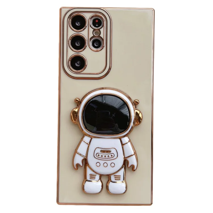 Для Samsung Galaxy S23 Ultra Astronaut Kickstand Electroplating TPU Phone Case Anti-scratch Back Cover - White