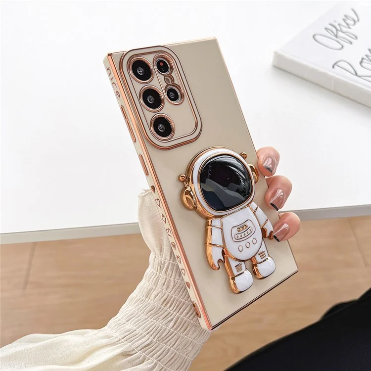 Для Samsung Galaxy S23 Ultra Astronaut Kickstand Electroplating TPU Phone Case Anti-scratch Back Cover - White