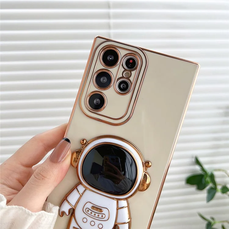 Для Samsung Galaxy S23 Ultra Astronaut Kickstand Electroplating TPU Phone Case Anti-scratch Back Cover - White