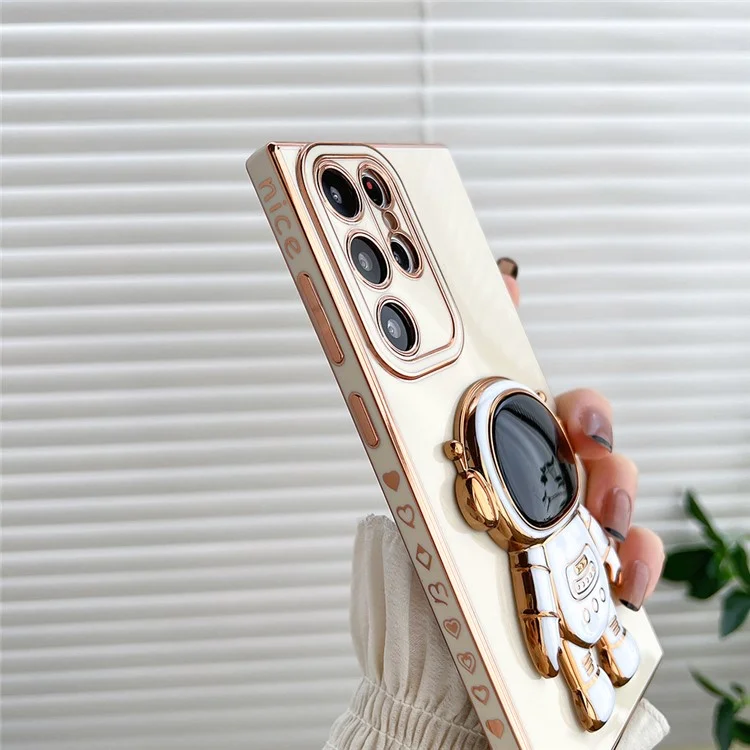 Для Samsung Galaxy S23 Ultra Astronaut Kickstand Electroplating TPU Phone Case Anti-scratch Back Cover - White