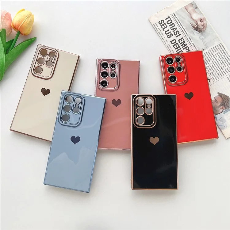 Pour Samsung Galaxy S23 Ultra Love Heart 6D Plating Phone Cover Soft TPU Camera Protection Case - Rose