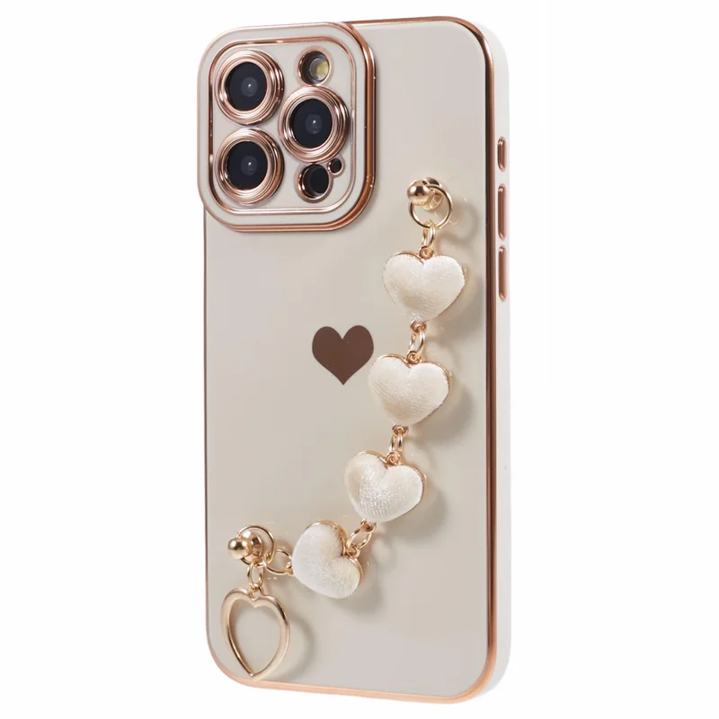 For iPhone 14 Pro Max Electroplating Phone Case Soft TPU Back Cover with Plush Love-Heart Strap - White