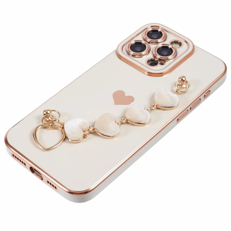 For iPhone 14 Pro Max Electroplating Phone Case Soft TPU Back Cover with Plush Love-Heart Strap - White