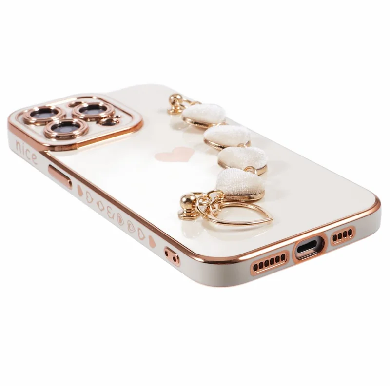 For iPhone 14 Pro Max Electroplating Phone Case Soft TPU Back Cover with Plush Love-Heart Strap - White