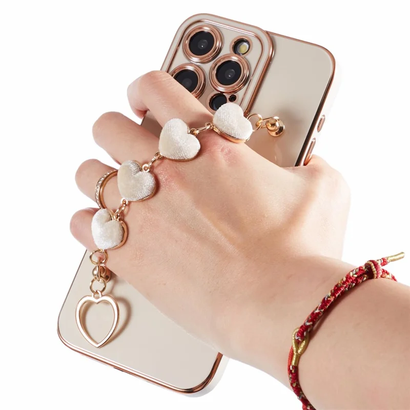 For iPhone 14 Pro Max Electroplating Phone Case Soft TPU Back Cover with Plush Love-Heart Strap - White