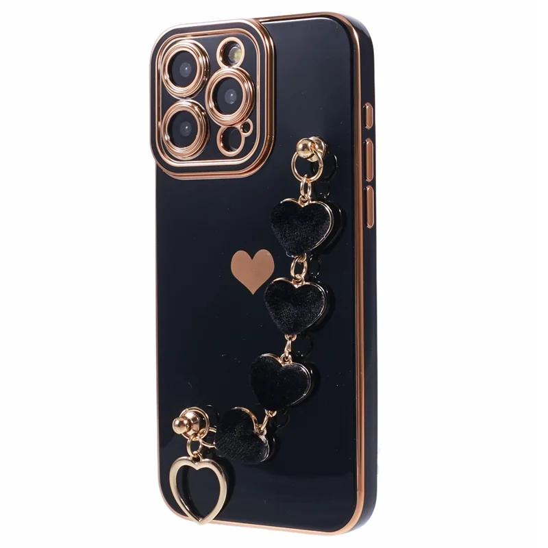 For iPhone 14 Pro Max Electroplating Phone Case Soft TPU Back Cover with Plush Love-Heart Strap - Black