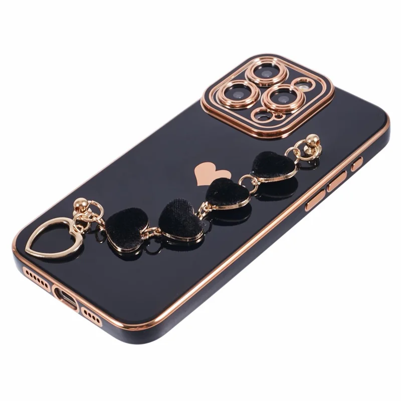 For iPhone 14 Pro Max Electroplating Phone Case Soft TPU Back Cover with Plush Love-Heart Strap - Black