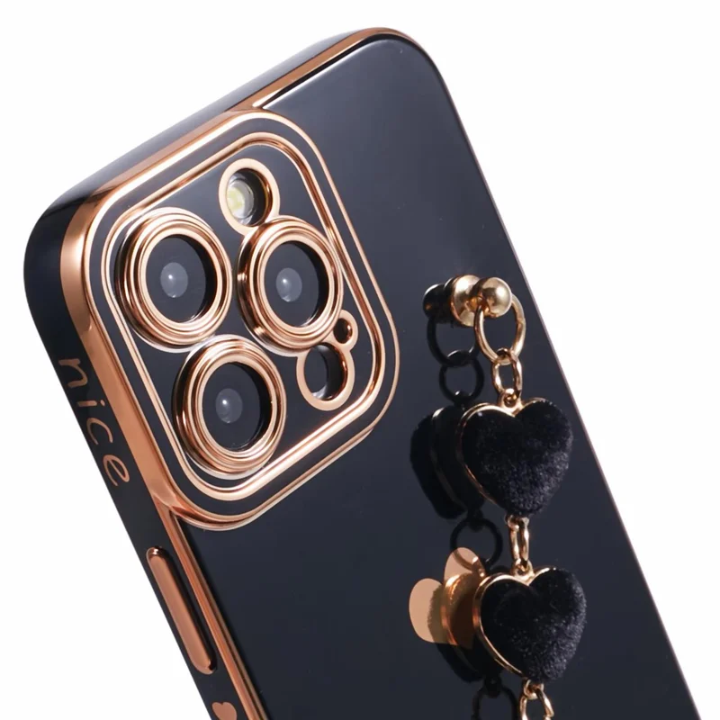 For iPhone 14 Pro Max Electroplating Phone Case Soft TPU Back Cover with Plush Love-Heart Strap - Black
