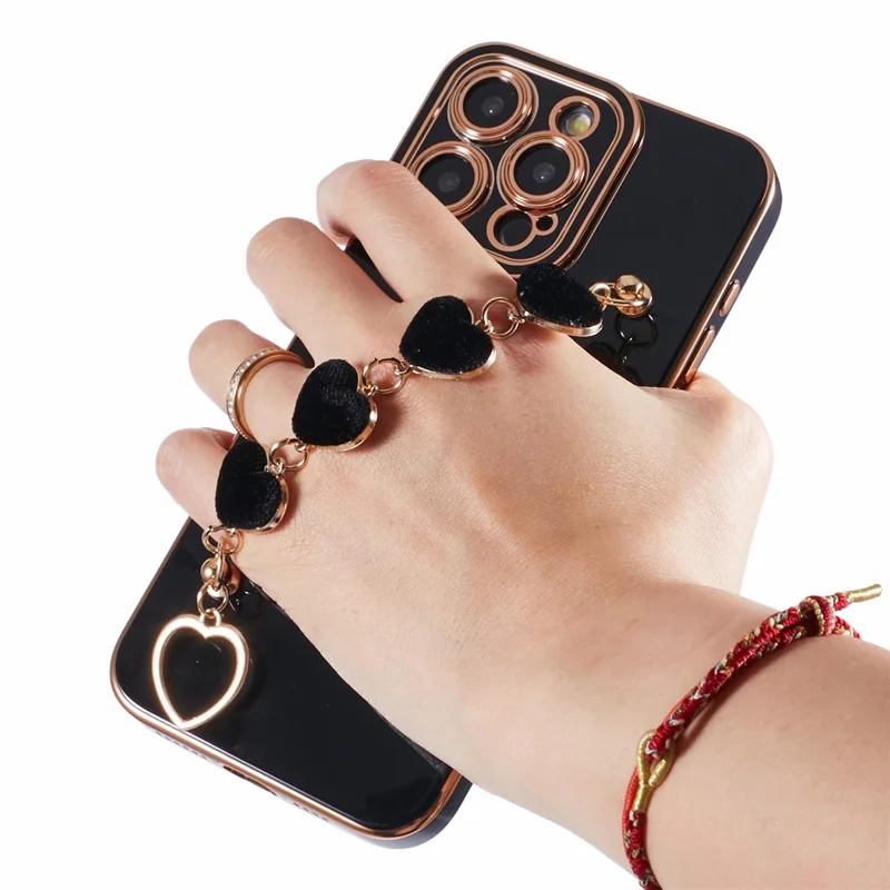 For iPhone 14 Pro Max Electroplating Phone Case Soft TPU Back Cover with Plush Love-Heart Strap - Black