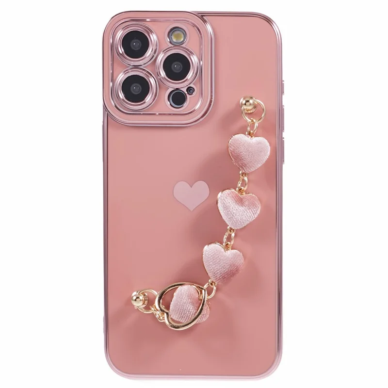 For iPhone 14 Pro Phone Case Electroplating TPU Phone Cover with Plush Love-Heart Strap - Pink