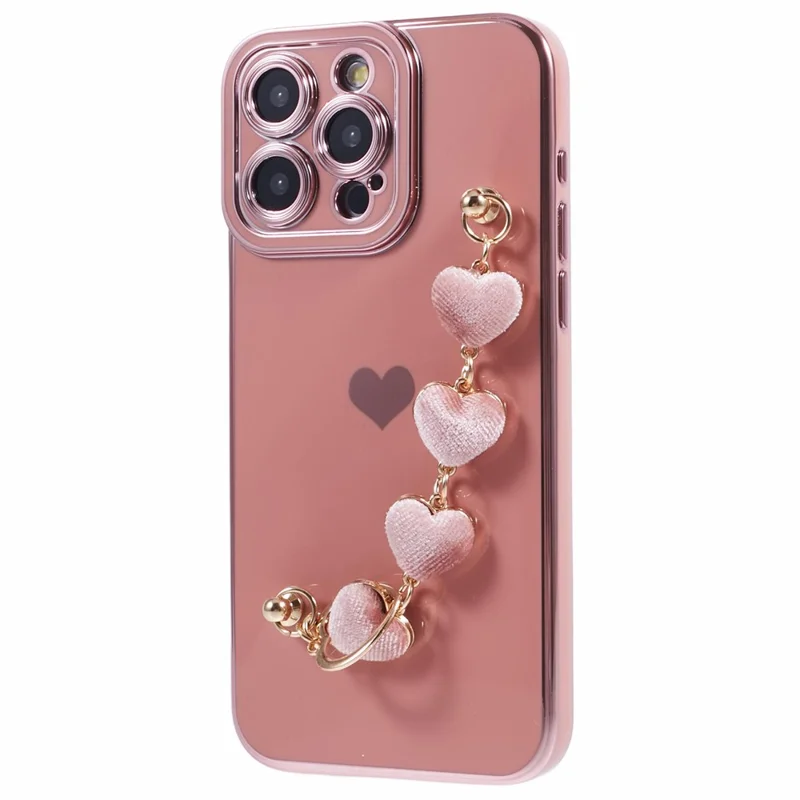For iPhone 14 Pro Phone Case Electroplating TPU Phone Cover with Plush Love-Heart Strap - Pink