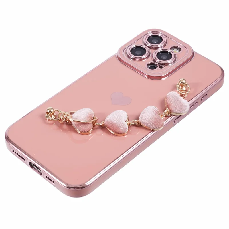 For iPhone 14 Pro Phone Case Electroplating TPU Phone Cover with Plush Love-Heart Strap - Pink